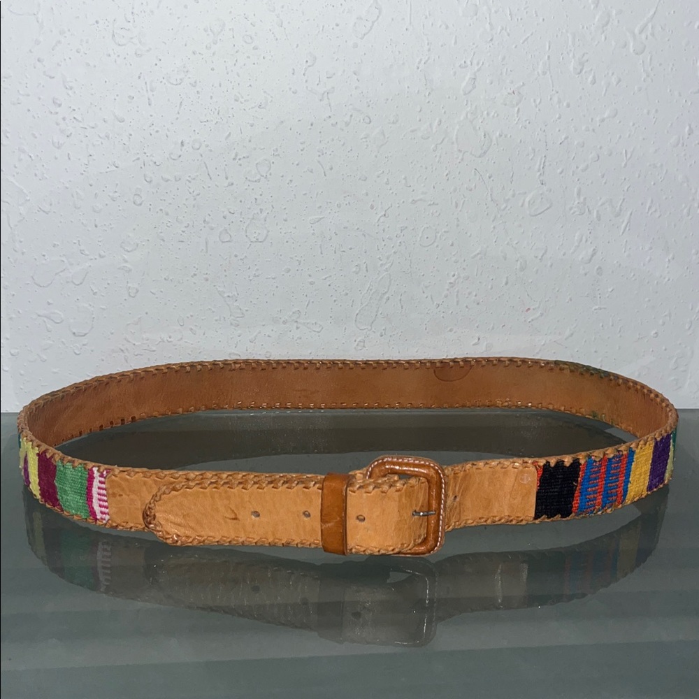 Vintage Leather Cotton boho western Aztec belt Made in Guatemala